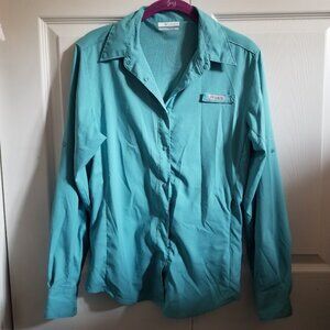 Columbia PFG Women's Shirt Medium Light Blue Teal Pocket Vented Omni-Shade Logo
